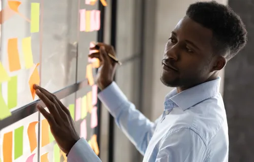 Male professional planning using a scrum board