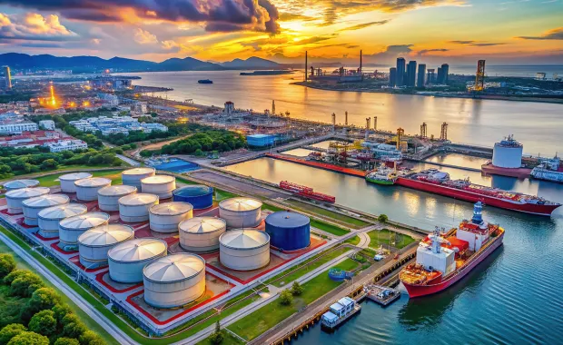 aerial view of oil terminal with storage tanks, ports and tankers