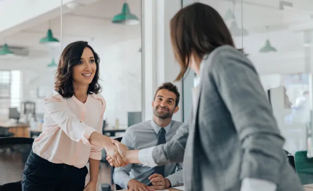a consultant shaking hands with colleagues at a table 